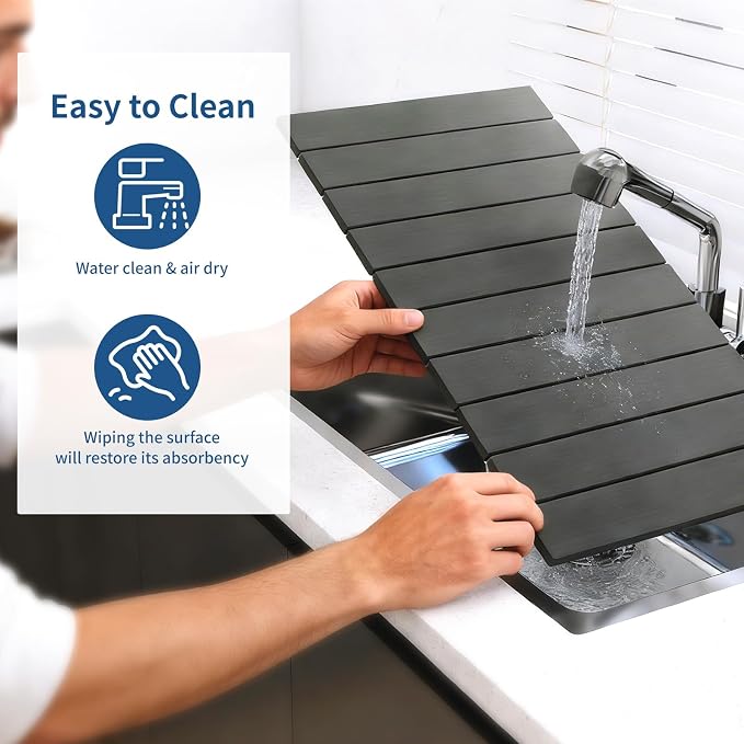 Hopegiver Stone Drying Mat for Kitchen Counter, 24" x 16" Quick Dry Diatomaceous Earth Dish Drying Mat, Super Absorbent, Non-Slip & Foldable, Modern Dark Gray Countertop Mat (DarkGray,24''x16'')