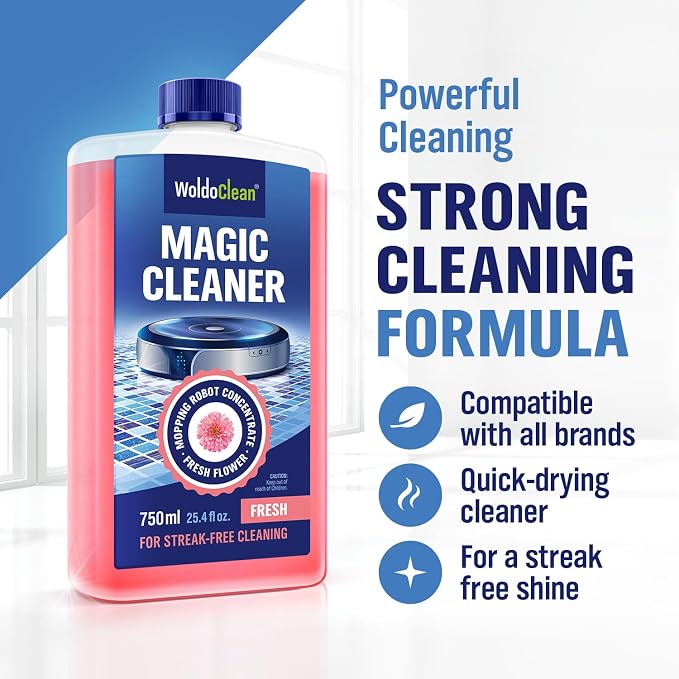 WoldoClean Robot Mop Cleaning Solution 25.4 fl.oz - Hard Floor Cleaner Liquid Concentrate, Anti-Clog, Fresh Scent, Compatible with Roborock, Dreame, Roomba, Tineco, iRobot Braava Jet, Shark