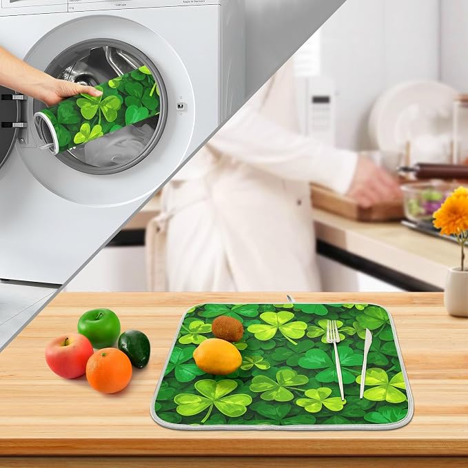 Patricks Day Shamrocks Lucky Clover Leaves Dish Drying Mat for Kitchen Counter Absorbent Microfiber Large Drying Pad Dish Mats for Kitchen Countertops 18 x 24 Inch