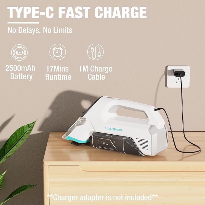 HAUSHOF 12V Cordless Handheld Carpet Cleaner, 6.5KPa Suction | 2 Water Tanks, Type-C Charging, Spot & Stain Cleaner, Portable Design for Carpet, Upholstery, Stairs & Car