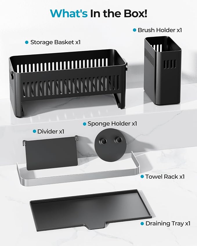 Nieifi Sponge Holder – Black ABS Rust Sink Caddy with Towel Rack, 10.12" | Smiley sponge & brush holders with drainage to keep items dry. 4.5-inch depth. Kitchen counter organizer & essential storage.