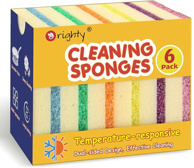 Orighty Dish Sponges, Dual-Sided Temperature-Responsive Kitchen Sponges, Non-Scratch Cleaning Sponge, Dish Scrubber, Scrub Sponge for Kitchen, Bathroom & Household, 6 Pack