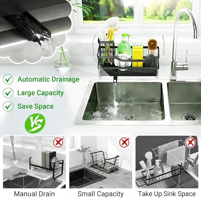 Sponge Holder for Kitchen Sink, Self-Draining Sink Caddy Organizer with Removable Brush Holder, Rustproof Metal Sponge Rack for Countertop, Fits Soap Dispenser & Scrubber, Black
