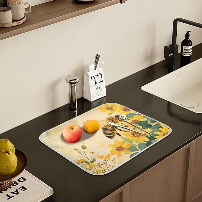 Honey Bee Dish Drying Mat for Kitchen Counter Absorbent Microfiber Large Drying Pad Yellow Flowers Leaves Dish Mats for Kitchen Countertops 18 x 24 Inch117