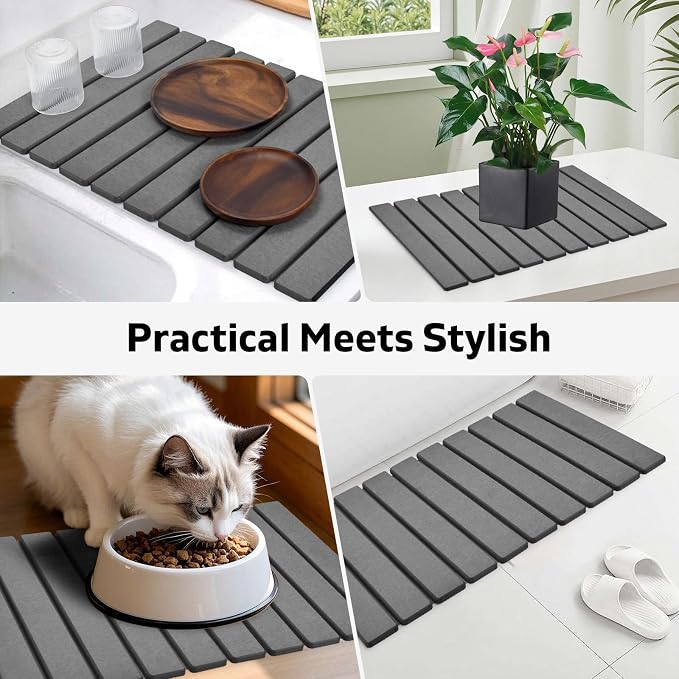 Large Stone Dish Drying Mat for Kitchen Counter – 24"(L)×16 "(W) Foldable Super Absorbent Diatomaceous Earth Dish Drying Mat, Kitchen Counter Mats for Plate Rack, Cups, Match Any Countertop - Gray