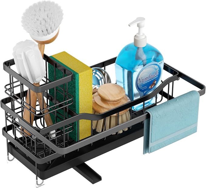 Sponge Holder for Kitchen Sink, Self-draining Sink Organizer with Towel Rack and Brush Holder, Metal Kitchen Sink Organizer for Countertop, Black