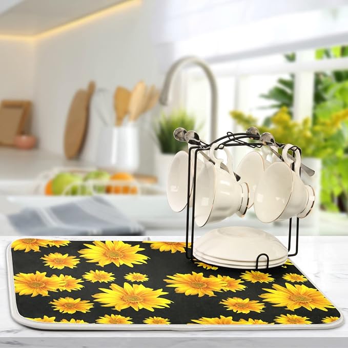 Absorbent Dish Drying Mat for Kitchen Counter - Yellow Sunflower Flowers Black Microfiber Drying Pad, Reversible Drainer Mats for Countertop, Small 16 x 18 inch