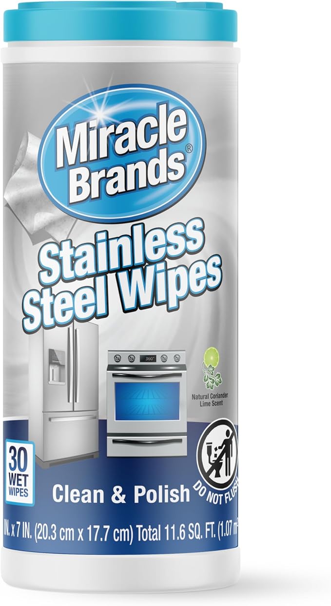 MiracleWipes for Stainless Steel, Great for Kitchen and Appliances, Including Oven, Refrigerator, Dishwasher, Microwave, Sink, Hood, Grill, Removes Fingerprints and Smudges - 30 Count