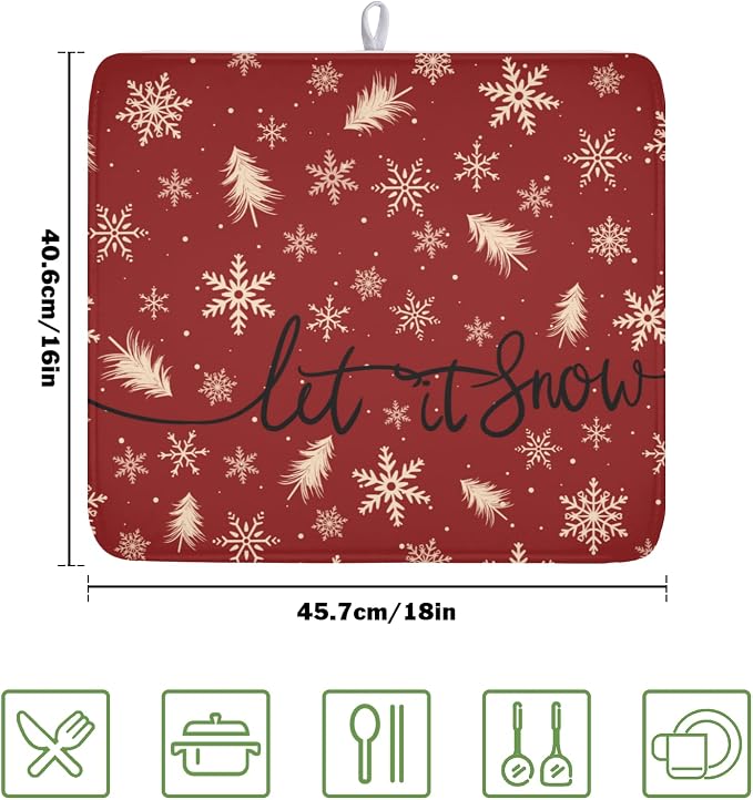 Christmas Snowflake Dish Drying Mat for Kitchen Counter 16x18 Inch | Red Xmas Theme Snowflakes Trees Snowy Dish Drainer Mat Rustic Winter Holiday Absorbent Washable Drying Pad
