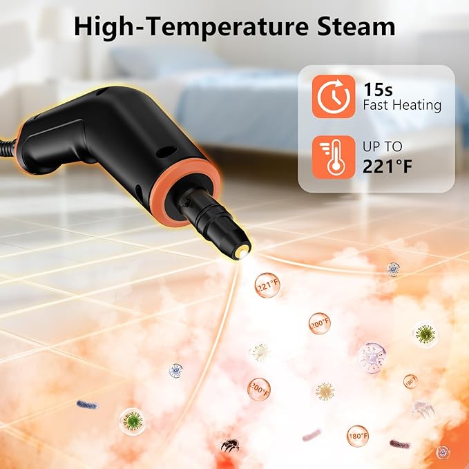 Steam Cleaner, Portable Steamer for Cleaning with 16pcs Accessories, 6-Level Adjustable and 15s Heat-Up, Handheld Steam Cleaner for Home, Tile, Dirt, Grout, Grease, Car Detailing
