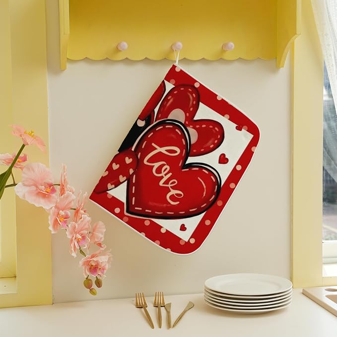 Valentines Dish Drying Mat 18x24 Inch Black Red Hearts Dish Drainer Protector Pad for Kitchen Counter Absorbent Holiday Love Drying Pad for Drainer Rack Kitchen Fast Dry