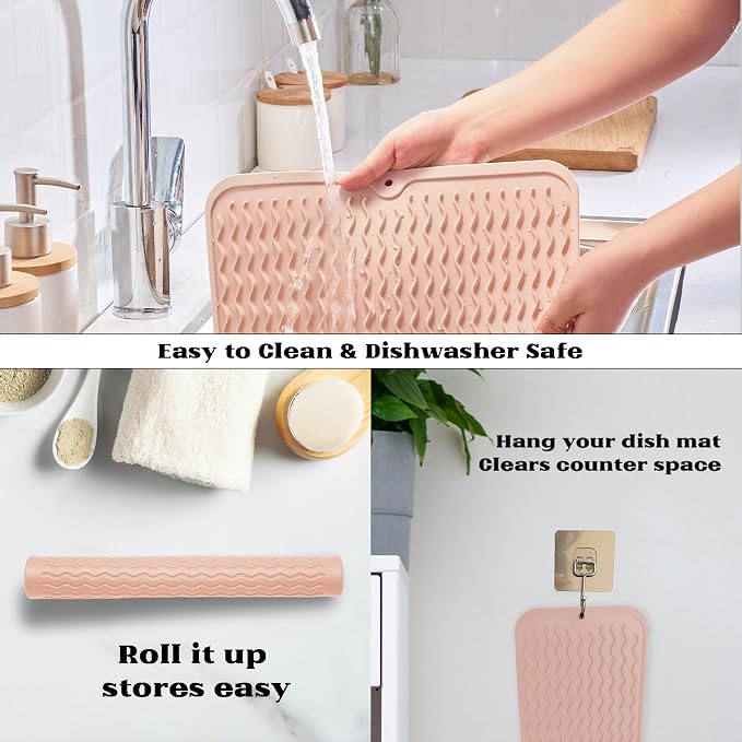 ZLR Silicone Dish Drying Mat for Kitchen Counter (12" x 16" / 307 x 405mm) - Large Fast-Dry Drainer Mat with Raised Wavy Ridges & 5mm Lip - Non-Slip, Heat Resistant 450°F, BPA-Free (Peach Pink)