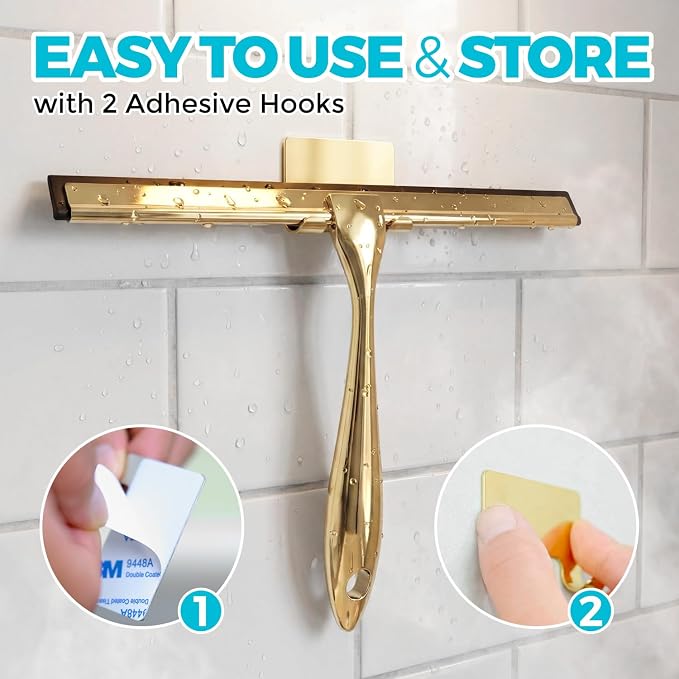 ALFLOD 2pcs Shower Squeegee for Glass Doors with Adhesive Hanging Hook Set | 12” gold, bathroom accessories, window cleaner, new home essentials, soft rubber blade, metal handle, ergonomic grip