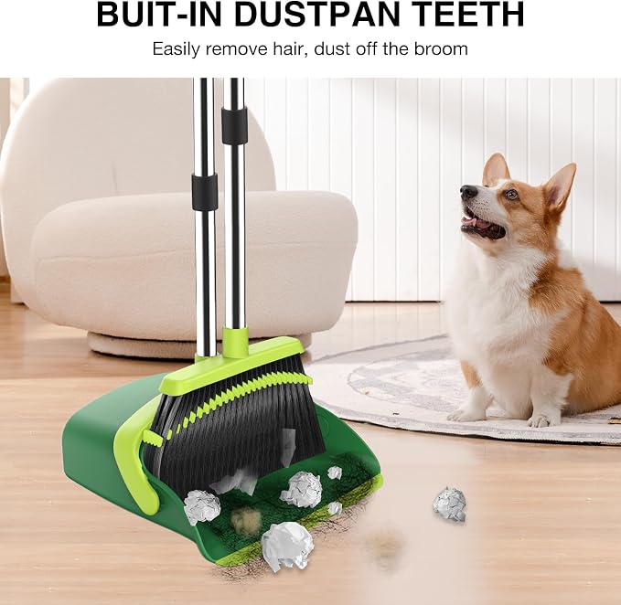 NACENA Broom and Dustpan Set with 52-in Long Adjustable Handle, Green | Broom Dustpan Combo with Dustpan Teeth to Automatically Clean Hair Suitable for Home Kitchen Office Hall Floor