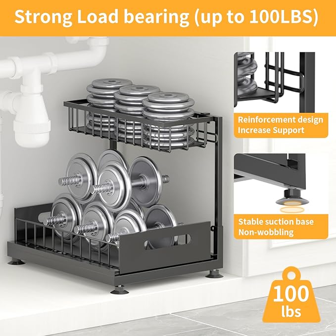 Saydear L-Shaped Under Sink Organizer, 2-Tier Pull-out Cabinet Rack 1-Pack | Black Height-Adjustable Steel Rack, Sliding Grid Drawers with PP Liners, Holds 100 Lbs, Suction Base, Ideal Kitchen Storage