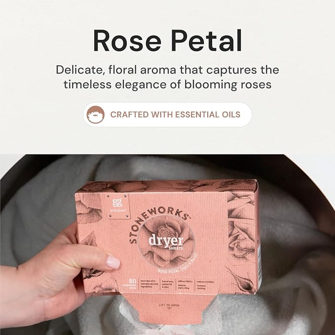 Grab Green Stoneworks Dryer Sheets, Rose Petal, 80 Count, Compostable | Softens fabrics; Reduces Static; Cruelty-free; Plant & Mineral Based; No Harsh Chemicals
