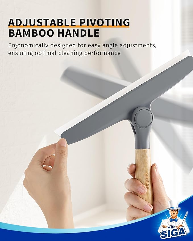 MR.SIGA Silicone Squeegee for Shower Door, Mirror, Glass, 10 inch, Gray | Streak free shower squeegee for windows, showers and glass surfaces, pivoting bamboo handle, includes 1 suction hook