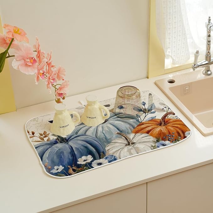 Fall Dish Drying Mat 18x24 Inch Blue Orange Pumpkin Leaves Fall Decor Drying Mat Autumn Harvest Thanksgiving Holiday Absorbent Dish Drying Pad Dish Rack Drainer Mats for Kitchen Dining Counter