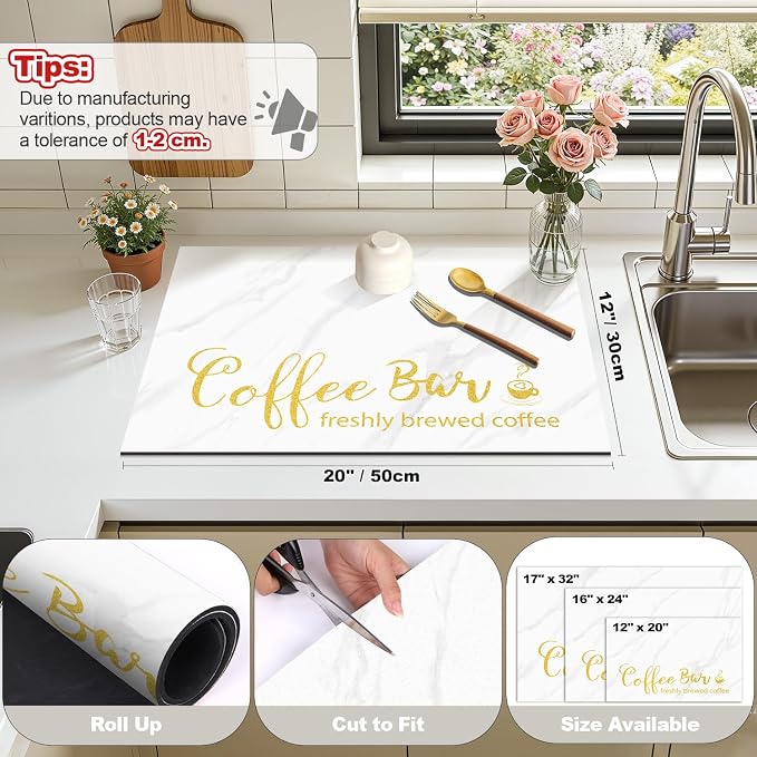 Findosom Dish Drying Mat, 12"x 20" Super Absorbent & Hide Stain Coffee Mat, Cuttable Drying Mat for Kitchen Counter, Coffee Bar Accessories, Under Dish Rack, Coffee Maker, Espresso Machine, White