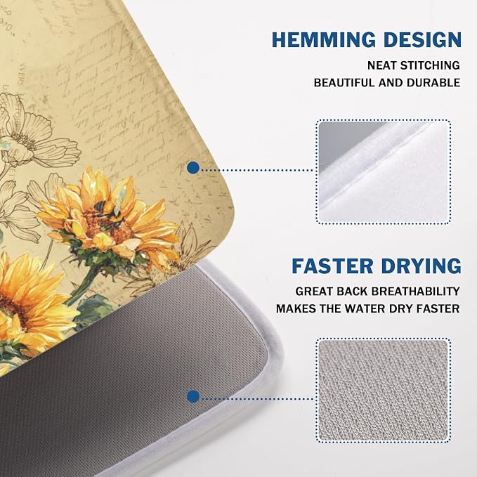 Sunflower Dish Drying Mat for Kitchen Counter Vintage Yellow Sunflowers Microfiber Dish Drainer Mat Spring Summer Watercolor Floral Absorbent Washable Drying Pad Extra Large 18"x24"
