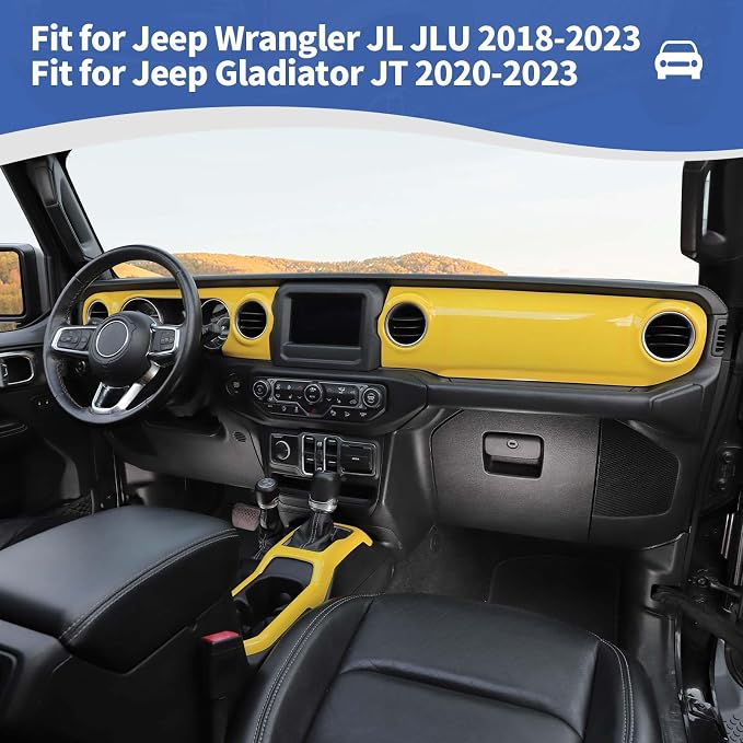 RT-TCZ for Jeep JL Yellow Dashboard Cover Gear Shift Panel Trim for Jeep Wrangler JL JLU Gladiator JT 2018-2023 Yellow Interior Accessories 3pcs