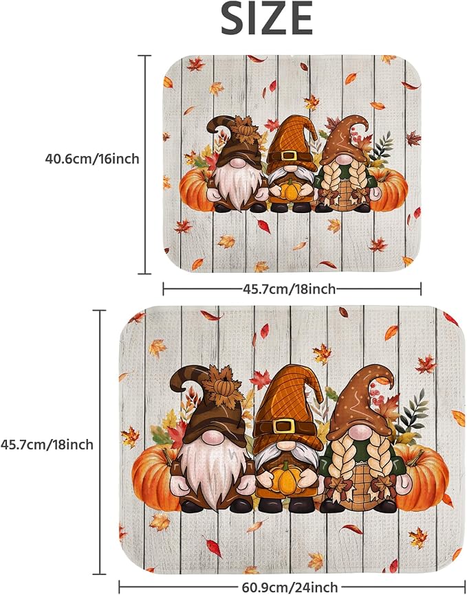 Fall Dish Drying Mat for Kitchen Counter 16x18 Inch, Super Absorbent Dish Drainer Mat, Decorative Microfiber Dishes Drying Pad-Small(Fall Gnomes)