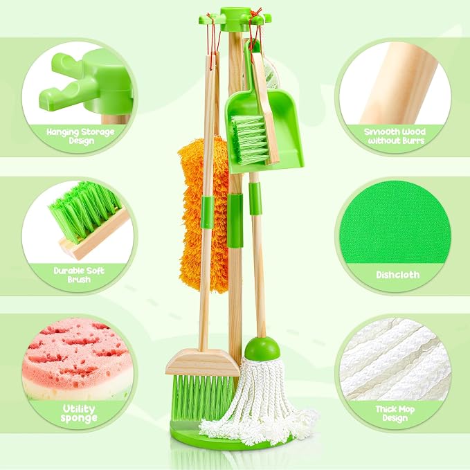 WHOHOLL Wooden Kids Cleaning Set Toddler Broom Set for Housekeeping 8 Pcs Broom and Mop Set for Toddlers 3-6, Cleaning Toys with Dustpan Sponge, Christmas Birthday Gifts for Boys Girls (Green)
