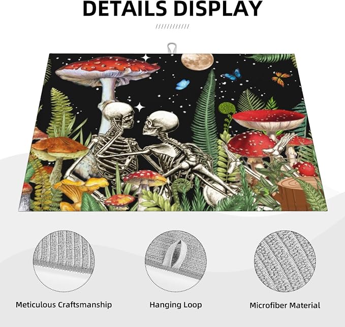 Red Mushroom Skull Dish Drying Mat For Kitchen Counter, Super Absorbent Microfiber Dish Drying Pad, Kitchen Gadgets For Easy Clean Multi-Use Large 18"x24"