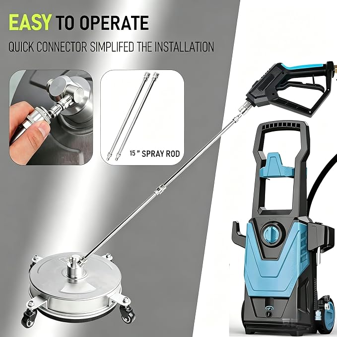 Hourleey 14" Pressure Washer Surface Cleaner, Stainless Steel Surface Cleaner with 4 Wheels for Concrete, Patio, Sidewalk, Deck, Pathway 1/4" Quick Connector, 2 Extension Wand, 4000 PSI