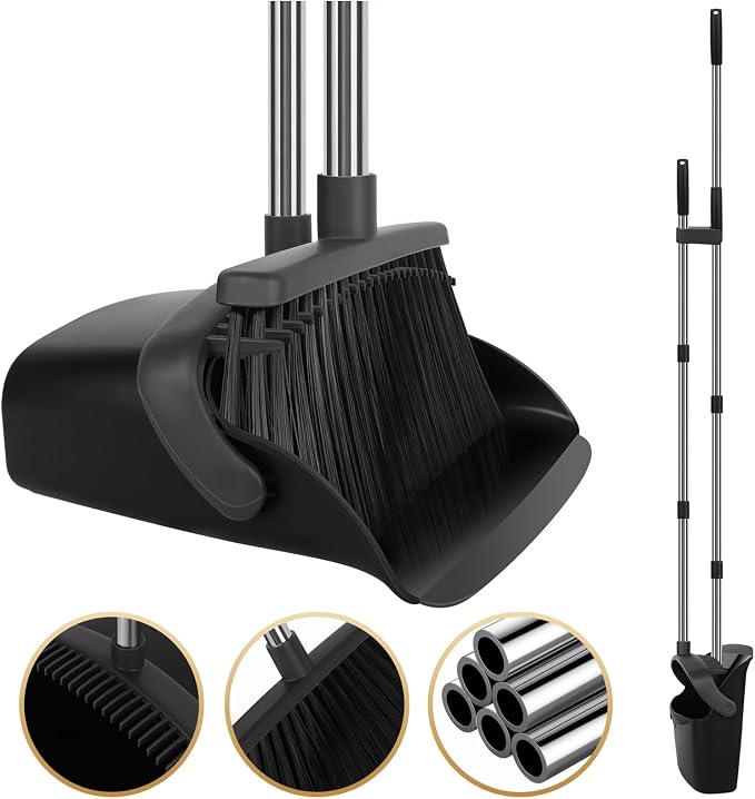 Upgraded Broom and Dustpan Set, 55" Long Handle Black Large Broom with Dustpan Combo Set，Self Cleaning Dustpan for Lobby Kitchen Office Restaurant
