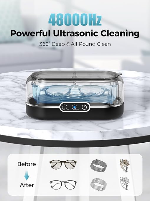 Miorcols Ultrasonic Jewelry Cleaner, 48KHz Jewelry Ultrasonic Cleaner Machine for All Jewelry, Glasses, Rings, Retainers, Watch Strap, Dentures, 304 Stainless Steel 12oz Cleaning Pod - Matte Black