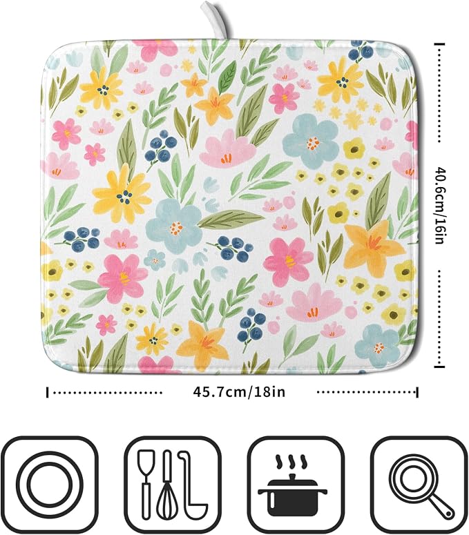 Spring Dish Drying Mat for Kitchen Counter Cute Floral Summer Holiday Microfiber Absorbent Dish Draining Reusable Washable Foldable 16"x18"