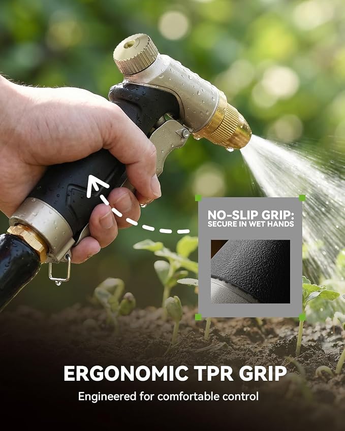 RAINPOINT Garden Hose Nozzle, 100% Heavy Duty Metal Hose Sprayer, High Pressure Water Hose Nozzle with Adjustable Spray Patterns and Flow Control for Watering Plants, Car Washing, Pet Washing,L-Brown