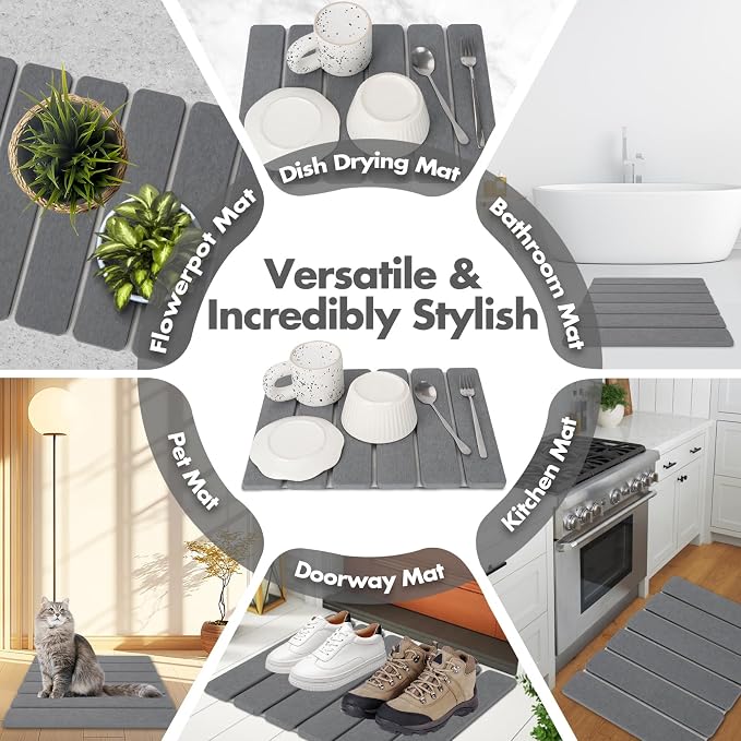 Stone Dish Drying Mat for Kitchen Counter, Eco-friendly, Instant Drying Pad,Diatomaceous Earth Water Absorbing Mat, Foldable and Super Absorbent Dish Drying Stone Mat, 16"×12", Dark Gray