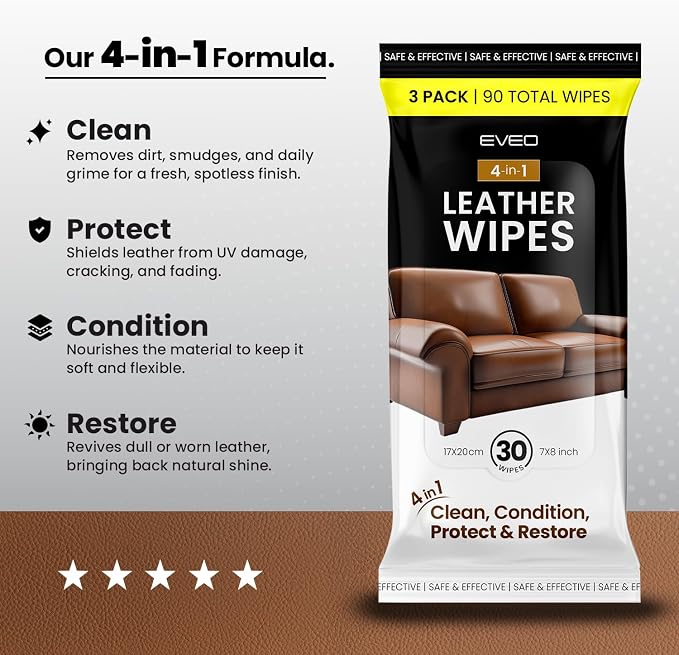 EVEO Leather Cleaner Wipes 4-in-1 Leather Cleaner and Conditioner for Furniture - Leather Couch Cleaner, Car, Shoes & Purses – UV Protection, XL Moistened Wipes Restore & Protect – 3 Pack (90 Total)