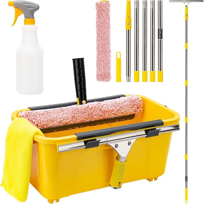 Professional Window Cleaning Kit with Bucket 3 Gallon, 6FT Extension Pole | Window Washing Kit with 14" Squeegee,15" Scrubber,Spray Bottle,Window Washing Equipment Cleaning Tool for Outdoor Home
