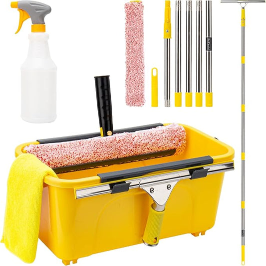 Professional Window Cleaning Kit with Bucket 3 Gallon, 6FT Extension Pole | Window Washing Kit with 14" Squeegee,15" Scrubber,Spray Bottle,Window Washing Equipment Cleaning Tool for Outdoor Home