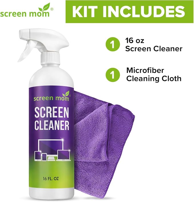 Screen Mom Screen Cleaner Spray 16oz Bottle for TV, Car, Laptop & Computer | Streak-Free Cleaning, Glass & OLED Safe, Alcohol-Free Formula, Scratch-Resistant Microfiber Cloth, Safe for Phones & Tablets