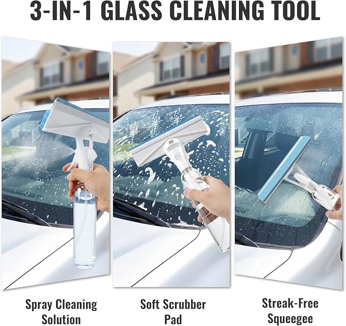 3-in-1 Window Squeegee for Window Cleaning with 300ML Tank & Scrubber | Window Cleaning Kit with Sponge Scrubber, Shower Squeegee for Glass Doors, Mirrors, Windshields, Car Windows & Hanging Hole