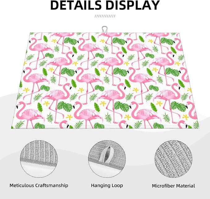 Pink Flamingo Leaf Dish Drying Mat For Kitchen Counter, Super Absorbent Microfiber Dish Drying Pad, Kitchen Gadgets For Easy Clean Multi-Use Large 18"x24"