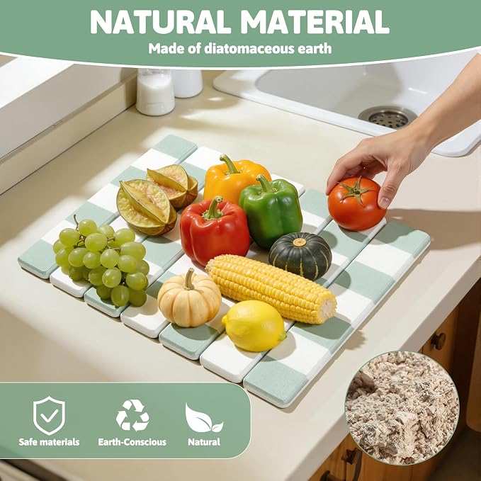Yamaziot Stone Drying Mat for Kitchen Counter, 16"x12" Foldable Ultra Absorbent Stone Drying Mat, Quick-Dry Diatomaceous Earth Mat, Non-Slip Heat Resistant Mat for Dishes, Cups, Bottles, Green