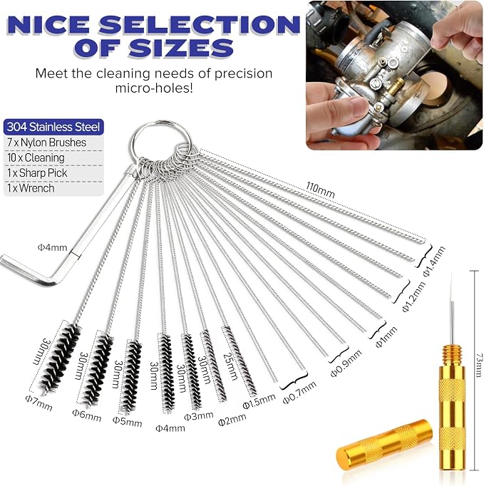 Valchoose Carburetor Cleaning Kit, Torch Tip Cleaner, 37 Pieces | 13 Wires, 7 Nylon Brushes, 10 Needles, 1 Wrench, 1 Brush, 1 Pick, 4 Hooks, for Motorcycle Lawn Mower Welder Stove Spray Gun
