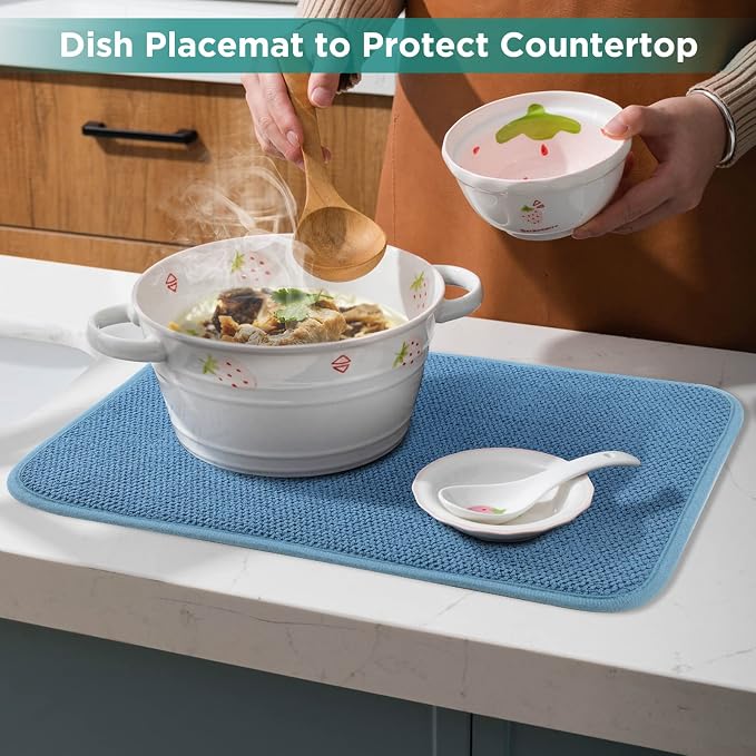 GeeRic Microfiber Dish Drying Mat, Super Absorbent Kitchen Dish Drying Pad, Reversible Gift Mats for Countertop, 17.8 * 23.6 inch Blue