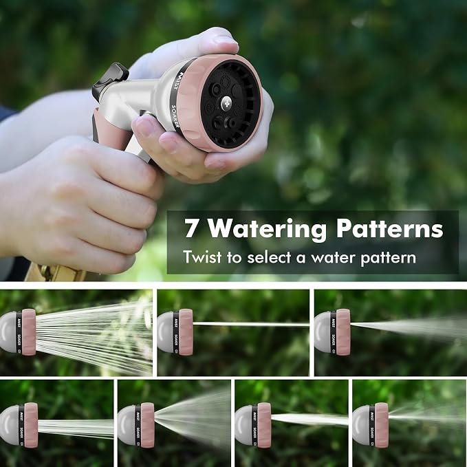 RESTMO Garden Hose Nozzle, Heavy Duty Water Hose Nozzle with 7 Adjustable Spray Patterns, High Pressure Hand Sprayer with Flow Control, for Watering Plants & Lawns, Washing Cars & Pets, Rose Gold