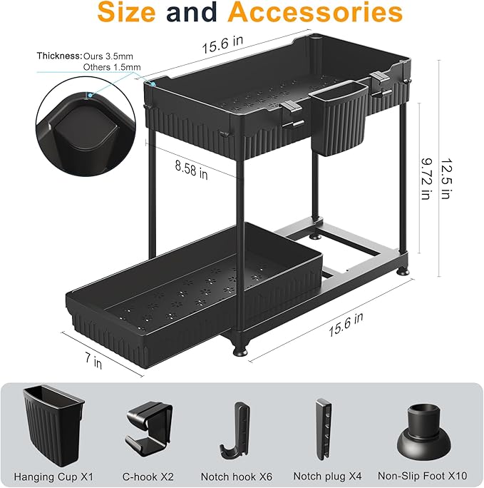 Sevenblue 2 Packs Under Sink Organizer, 2 Tier Under Kitchen Sink Organizer, Multi-Purpose Storage Shelf for Kitchen Bathroom Cabinet, Deep-Black,12.85 Inches