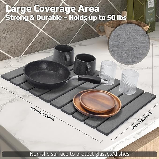 Large Stone Dish Drying Mat for Kitchen Counter – 24"(L)×16 "(W) Foldable Super Absorbent Diatomaceous Earth Dish Drying Mat, Kitchen Counter Mats for Plate Rack, Cups, Match Any Countertop - Gray