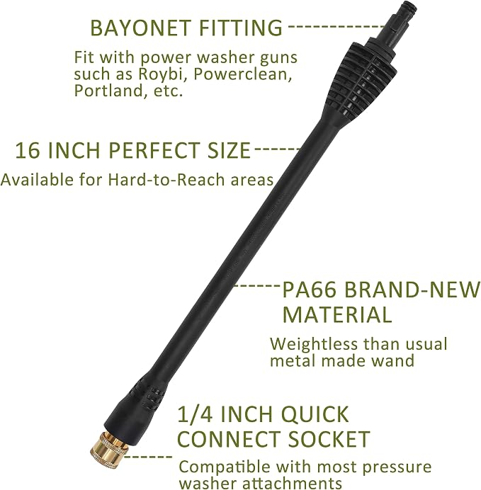 PWACCS Pressure Washer Accessories Kit, 16" Power Washer Replacement Wand | 5 Spray Tips and Turbo Nozzle, Compatible with Ryobi, Portland, Husky, Black