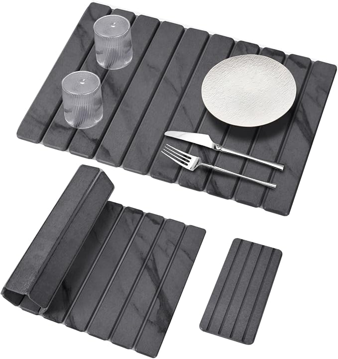 2 PCS Large Stone Dish Drying Mat for Kitchen Counter, 24"×16" Grey Marble Dish Drying Mat with 8"x 4" Coasters, Non - Slip Collapsible Absorbent Stone Dish Drying Mat for Multi - Purpose