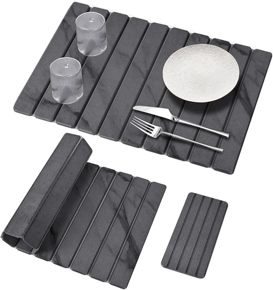 2 PCS Large Stone Dish Drying Mat for Kitchen Counter, 24"×16" Grey Marble Dish Drying Mat with 8"x 4" Coasters, Non - Slip Collapsible Absorbent Stone Dish Drying Mat for Multi - Purpose