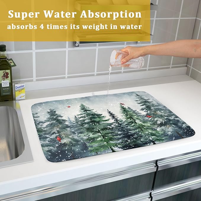 Winter Dish Drying Mat for Kitchen Counter Winter Pine Tree Dish Drying Mat 18x24 Inch Red Bird Christmas Dish Draining Mat Absorbent Reversible Dish Pad Kitchen Accessories Table Protector